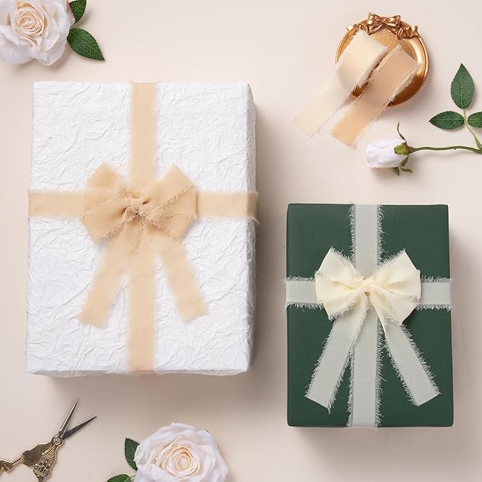 DORIS HOME 1" x21Yd Chiffon Ribbon for Flower Bouquet, Ivory Fabric Ribbon for Gift Wrapping, Handmade Frayed Ribbon for Wedding Invitations/Christmas Decorations
