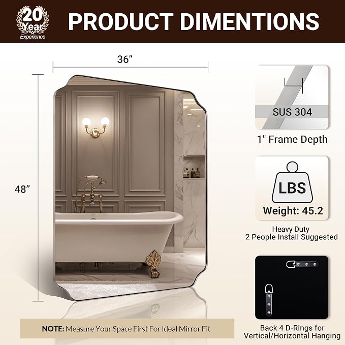 ANDY STAR 36x48 Inch Brushed Nickel Rectangle Mirror, Large Scalloped Bathrom Mirror for Wall, Rounded Notched Corner Designed, Anti-Rust Stainless Steel 1" Frame, Hangs Vertically/Horizontally