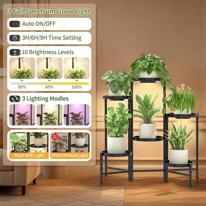 LASZOLA 6 Tier Large Plant Stand Indoor Tall with Grow Lights, Corner Folding Flower Display Rack with 10 Inch Metal Tray, Modern Plant Holder Shelf for Outdoor Patio Porch Garden Living Room, Black