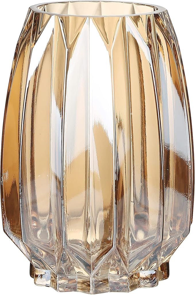 Glass Vase - Modern Ribbed Glass Vase for Flowers, Candles, and Decorative Accents -Black Grey, Amber, Clear and Colored Tall/Short Glass Vase for Centerpieces Home Table Decor (Amber, H-7.87inch)