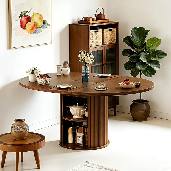 Wildhome Extendable Round Dining Table for 2-4-6, 59 Inch Dining Room Kitchen Table with 2-Tier Storage Shelf, Modern Farmhouse Fluted Wood Slide Door Dinner Furniture,Oval Circle,Walnut-59 Inch