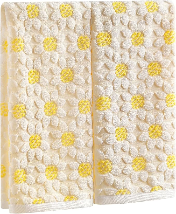 Quera 2 Pack Hand Towels Spring Summer White Yellow Flower Sunflower Farmhouse Cotton Bathroom Decorative Towels Set for Drying, Cleaning, Cooking, Holiday 13.7'' x 29.5''