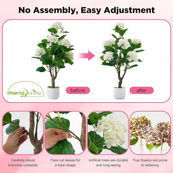 Artificial Hydrangea Tree 2 Pack, 3FT Faux Hydrangea Plant in Pot with White Flowers, Greenery Potted Plant for Indoor Outdoor Office Home Porch Decor, White