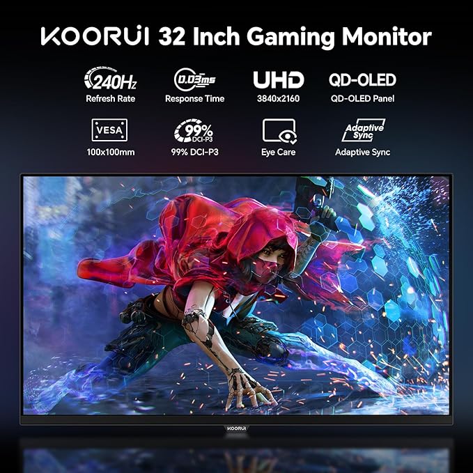 KOORUI 32 Inch 4K OLED Gaming Monitor, UHD 240Hz 0.03ms Computer Monitor, HDR True Black 400, 99% DCI-P3, AdaptiveSync, DisplayPort&HDMI, Tilt/Pivot/Swivel/Height Adjustable, USB Type-C, VESA