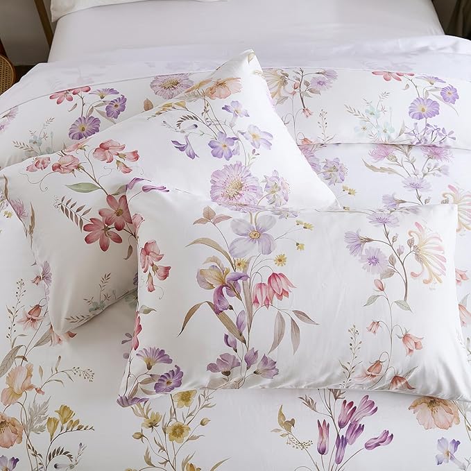 100% Cotton Duvet Cover King Size – Pastel Lavender Print Vintage Bedding Set with Zipper Closure, 3 Pieces Luxury & Silky Soft Comforter Cover for All Seasons