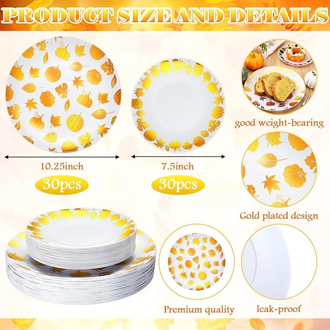 Suclain 60 Pcs Thanksgiving Party Disposable Plastic Plates Gold Fall Bridal Baby Shower Party Decoration Serves as 30 10.25'' Dinner Plates 7.5'' Dessert Plate for Thanksgiving Wedding Engagement