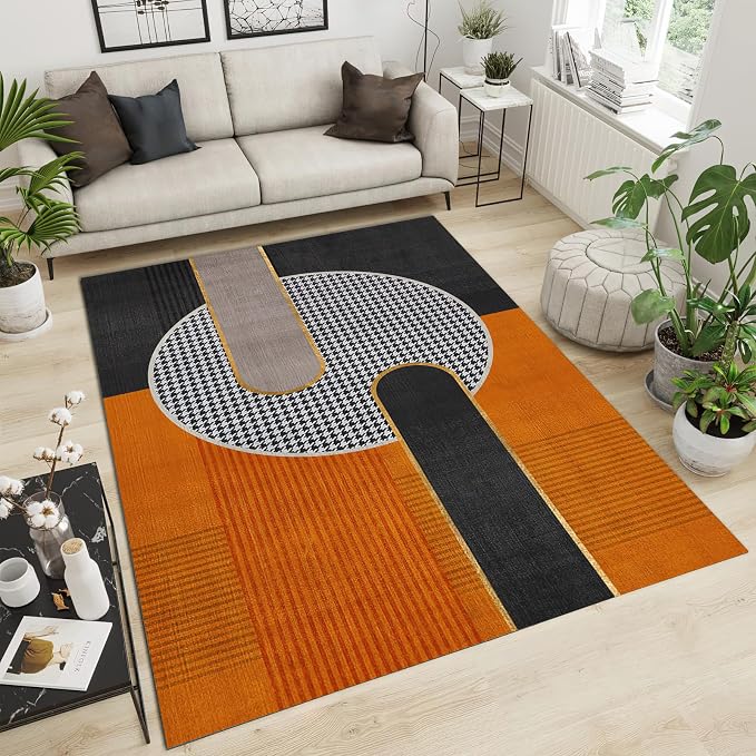 Luxury Orange Black Geometry Area Rug, Modern Style Non Slip Decorative Rugs, Breathable Durable Carpet for Indoor Bedroom Living Room Sofa Office Floor Rug - 3 ft x 5 ft