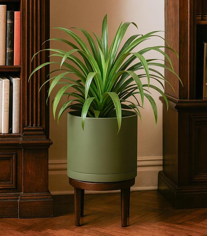 D'vine Dev 8 Inch Plastic Planter Pots for Plant Pot with Drainage Hole and Seamless Saucers, Olive, 74-X-I-1