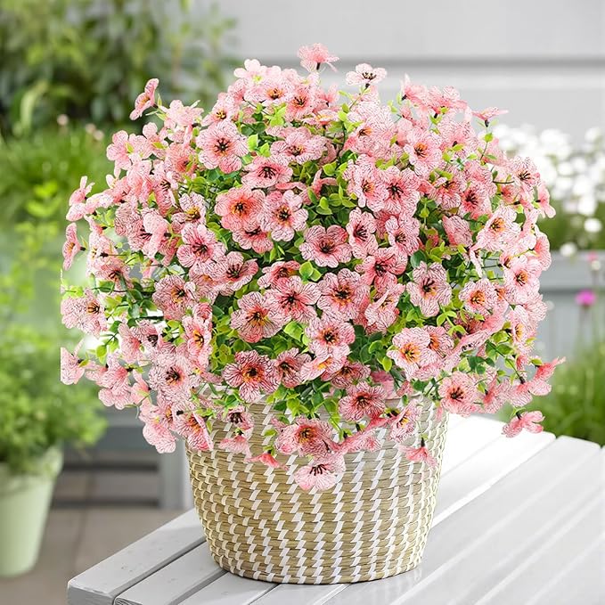 Artificial Flowers Outdoor Faux Plants UV Resistant Fake Patio Flowers Plastic Greenery Plnats Outside Bulk for Spring Garden Hanging Planter Home Vase Decor, 12 Bundles (Pink)
