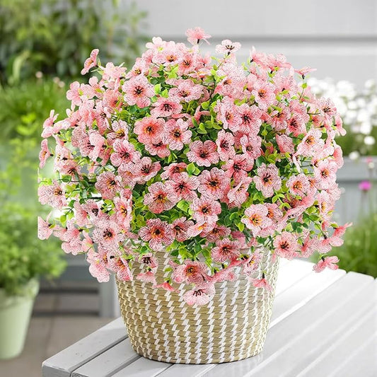 Artificial Flowers Outdoor Faux Plants UV Resistant Fake Patio Flowers Plastic Greenery Plnats Outside Bulk for Spring Garden Hanging Planter Home Vase Decor, 12 Bundles (Pink)