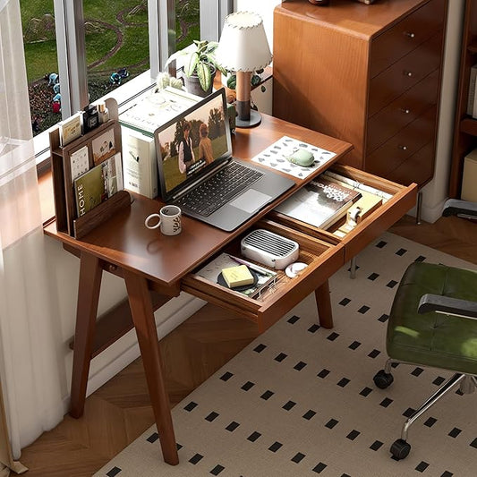 100% Solid Rubber Wood Desk Home Office Desk Mid Century Modern Writing Computer Desk with Drawer for Home Office 39"