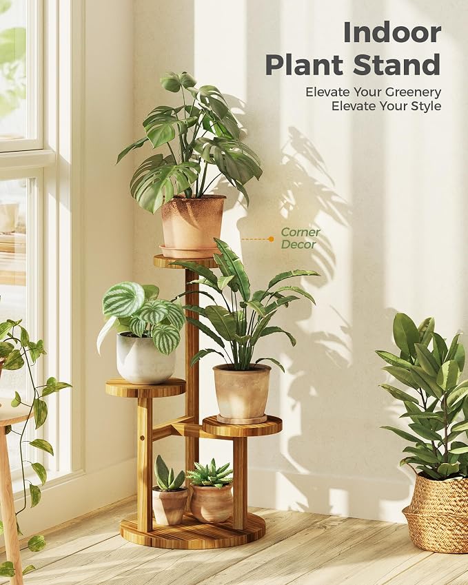 Bamworld 3 Tier Plant Stand Indoor, Corner Wood Plant Shelf for Multiple Plants, Small Tiered Round Flower Stand for Patio Garden Balcony Living Room Bedroom, Black