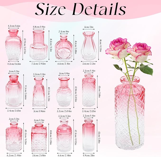 Glass Bud Vases Set of 12,Pink Bud Vases in Bulk,Small Flower Vase for Centerpiece,Mini Vintage Vase for Wedding Home Room Office Table Decor(Pink)