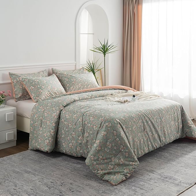 Floral Comforter Set King 3 Pieces Soft Chic Garden Style Vintage Print Lightweight Botanical Flower Comforter Set for All Seasons 1 Comforter and 2 Pillowcases (Floral, King)