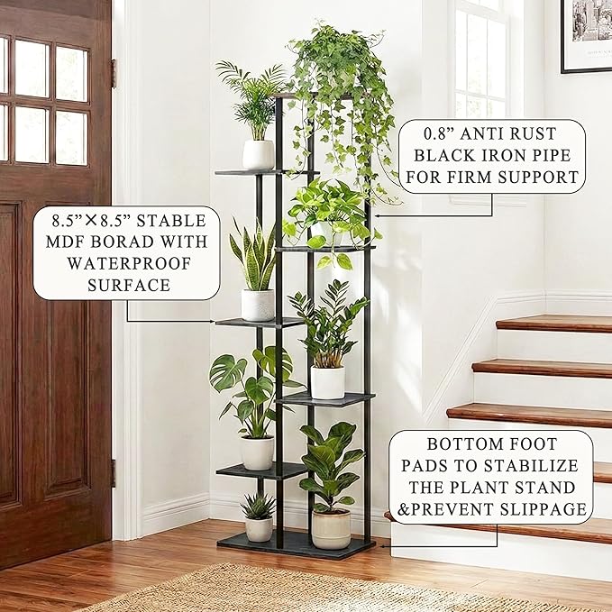 Plant Stand Indoor 7 Tier 8 Potted Metal Wood Plant Shelf, Multiple Flower Pots Corner Tall Plant Holder Stands for Living Room Balcony Bedroom, Black