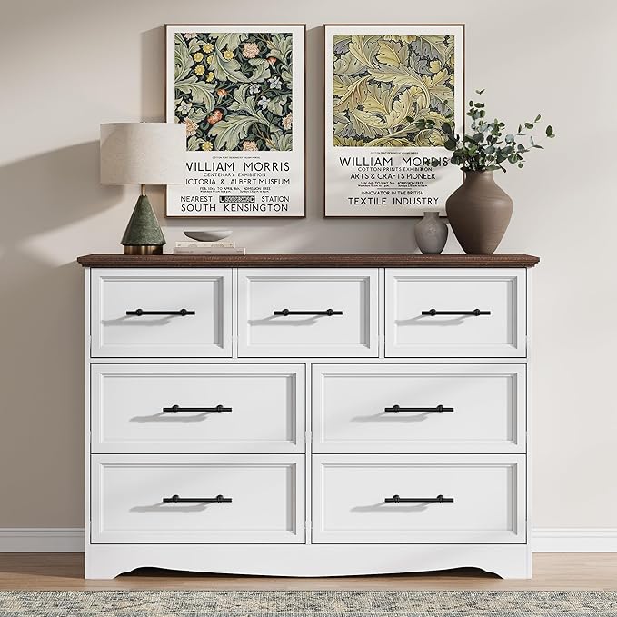White Dresser for Bedroom, Modern 7 Chest of Drawers, 47" Wide Chest of Drawers w/Brushed Metal Handle, Wood Closet Organizers and Storage Cabinet for Bedroom, Living Room, Hallway