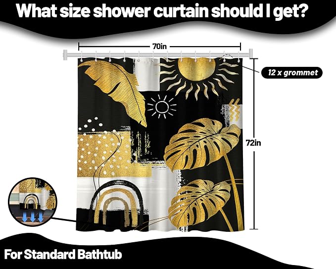 Black and Gold Mid Century Modern Shower Curtain Bohemian Abstract Dark Mens Shower Curtains for Bathroom Decor Sets, Waterproof Cloth Fabric with Hooks, 70x72 Inch