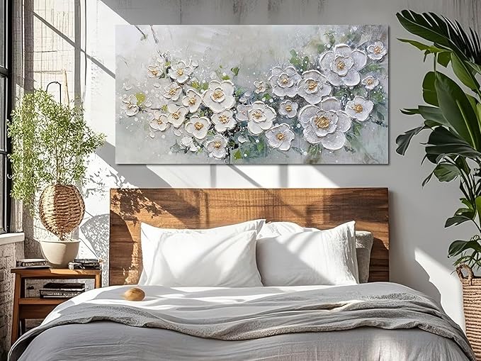 Brushart White Flower Wall Art Textured Floral Canvas Art Wall Decor Living Room Large Picture Wall Art Painting Artwork for Walls Bedroom Home Office, 48"x24"