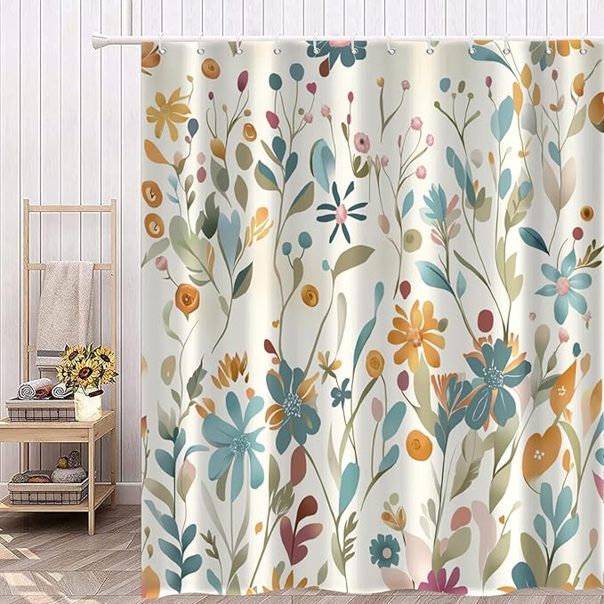 Colorful Floral Shower Curtain, Wildflower Plant Leaves Cute Flower Spring Herbs Waterproof Fabric Machine Washable for Bathroom Bathtub Decor with Hooks 60Wx72H