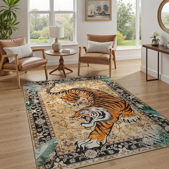 DCX Washable 3x5 Tiger Rug, Brown Vintage Animal Rug for Entryway, Soft Low Pile Carpet, Kid & Pet Friendly with Rubber Back Non Slip, Stain Resistant Rug for Bedroom, Laundry, Bathroom