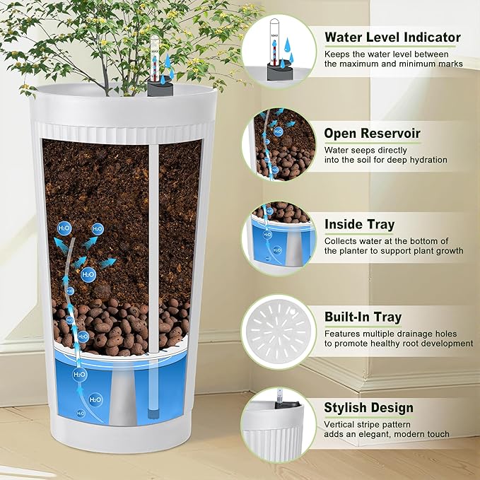 24" Tall Self Watering Planters for Indoor Plants, 2 Pack Large Plastic Outdoor Planter Pots with Built-In Water Reservoir and Level Indicator, Decorative Modern Flower Pots for Home & Patio (White)