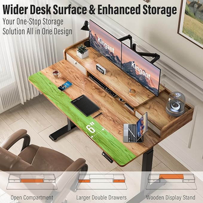 Kingant 63" x 30" Standing Desk with Drawers, Large Desktop, Ergonomic Sit Stand Desk for Home Office Work, Cable Management, 3 Preset Heights & 2 Hooks, Light Rustic