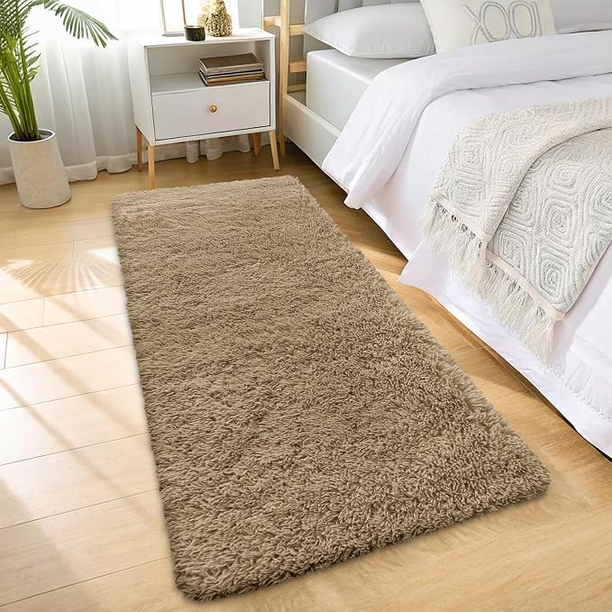 OLANLY 2x6 Machine Washable Runner Rugs for Hallway, Soft Fluffy Shaggy Bedside Rugs for Bedroom, Living Room, Indoor Floor Carpet for Kids Girls and Boys, Home Decor Aesthetic, Taupe