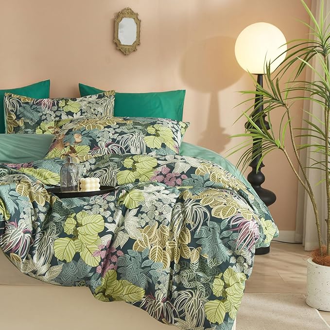 EAVD Tropical Leaves Duvet Cover Queen Soft Cotton Chic Plant Green Leaf Pattern Bedding Set with 2 Pillowcases Fresh Botanical Leaves Comforter Cover with Zipper Closure