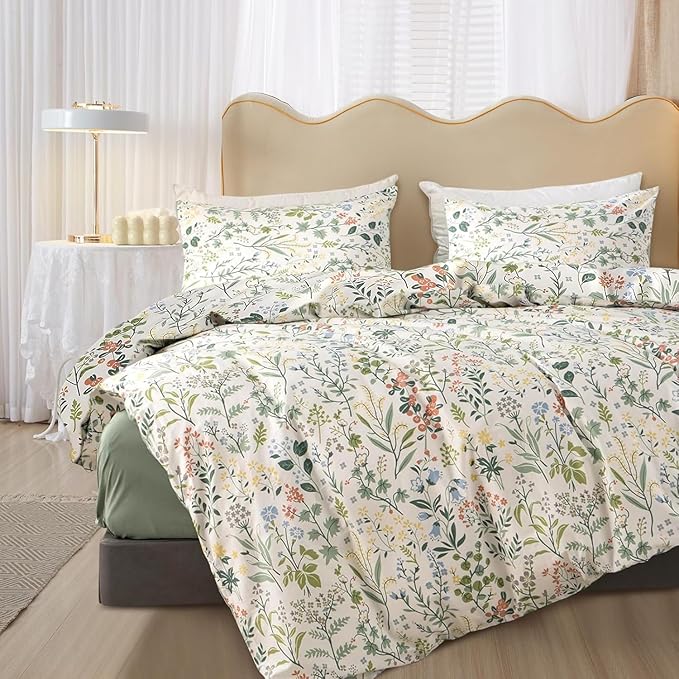 HighBuy Boho Floral Comforter Set Queen with 2 Pillowcases Lightweight 3 Pieces Farmhouse Shabby Chic Floral Bedding Set for Women Girl Farmhouse Flower Bedding Comforter Set All Season