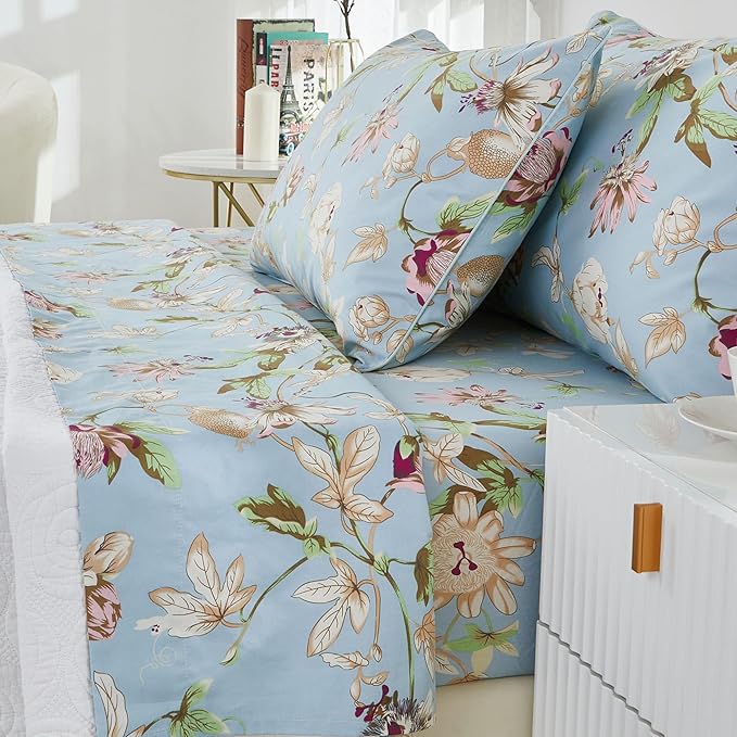 Brandream Floral Bedding Botanical Flower Farmhouse King Size Sheets Set Luxury Bedding Collections 800 Thread Count 100% Egyptian Cotton Deep Pocket, 4 Piece Blue