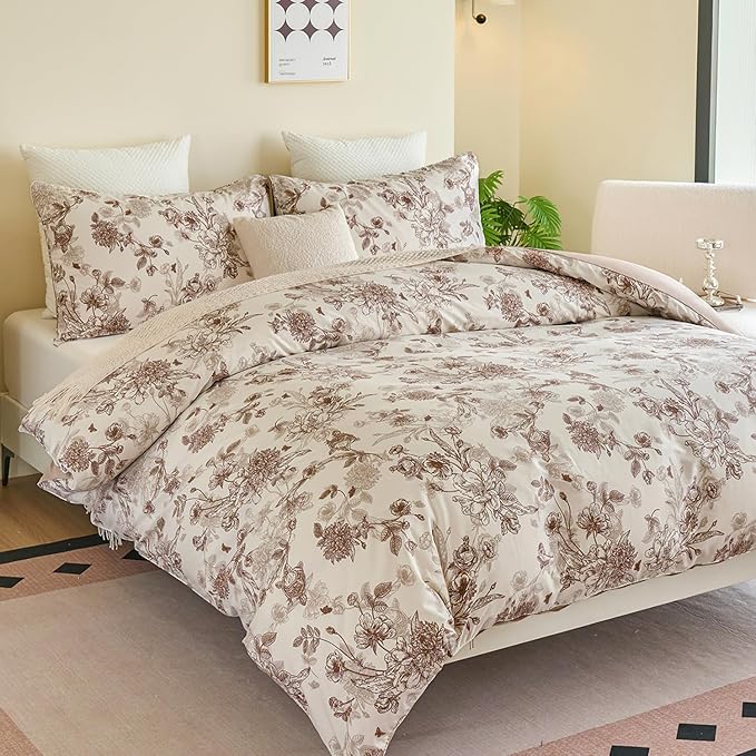 Brown Floral Duvet Cover Set 100% Percale Cotton Queen Size Shabby Vintage Toile Flower Printed Comforter Covers with Zipper, Soft & Breathable French Country Bedding 3Pcs-Not Comforter