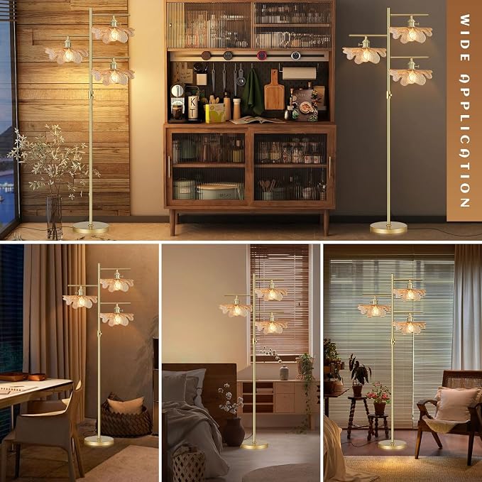 Vintage Floor lamp Dimmable Standing Lamps for Living Room, Modern Tall Floor lamp Gold Floor Lamps 65" Farmhouse Floor Lamps Amber Glass Tall lamp for Corner Bedroom Study Office Home
