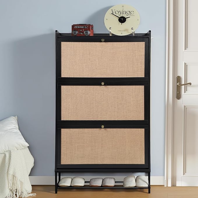 LEVNARY Shoe Cabinet for Entryway, Slim Shoe Cabinet with 3 Flip Drawers Narrow Shoe Storage Cabinet, 4 Tier Freestanding Shoe Organizer for Entryway, Hallway (2, Black)