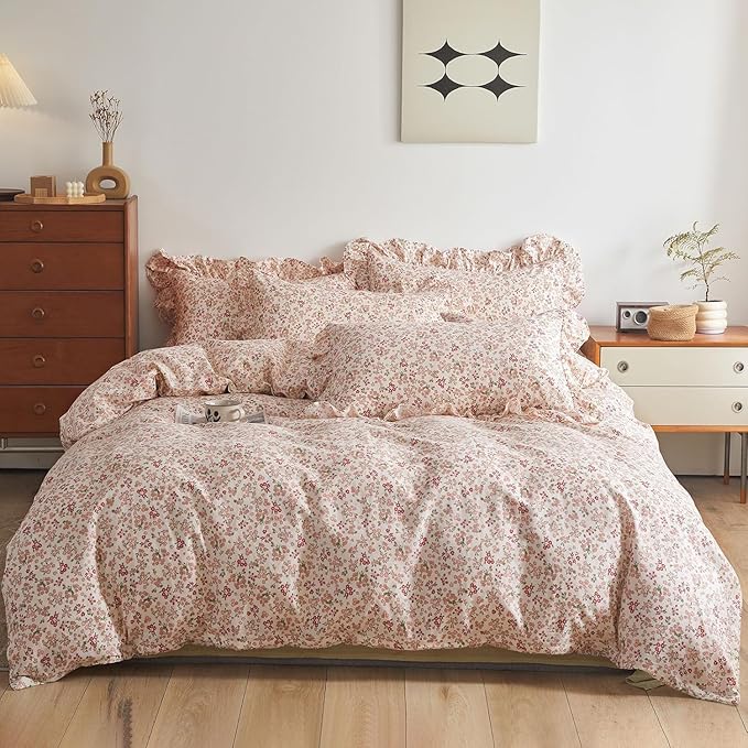 Pink Flower Duvet Cover Set Twin XL 100% Cotton Cute Floral Duvet Cover with Ruffle Pillowcases Girls Cottagecore Bedding Set Aesthetic Garden Style Flower Blooming Comforter Cover with Zipper Closure