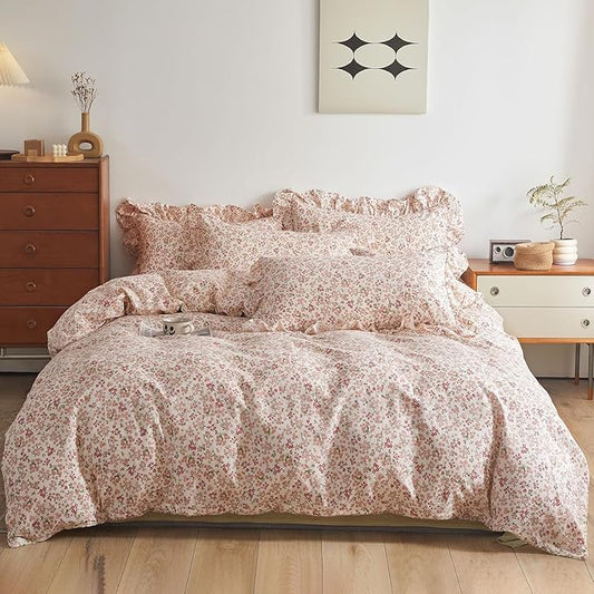 LifeTB Pink Red Flower Comforter Set King Vintage Garden Style Blooming Floral Comforter with 2 Ruffle Pillowcases Aesthetic Floral Bedding Set Soft Fluffy Cottagecore Comforter Set for Girls Women