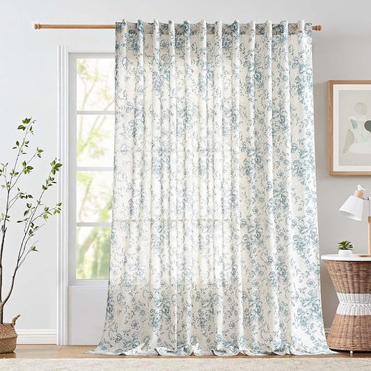jinchan Linen Floral Curtains 100 Inch Extra Wide for Patio Sliding Glass Door Room Divider Curtain for Living Room 108 Inch Length Farmhouse Peony Blue Printed Curtain Set 1 Panel