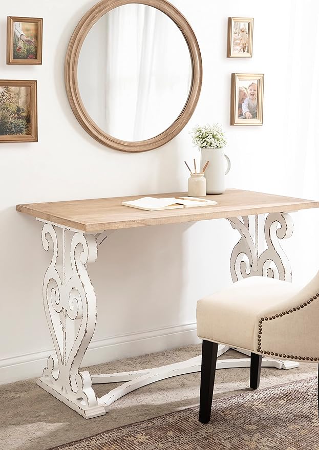 Kate and Laurel Wyldwood Farmhouse Wooden Desk; 46 x 24 x 30; Brown and White; Rustic Carved Wood Computer Desk for Functional and Stylish Home Office Decor