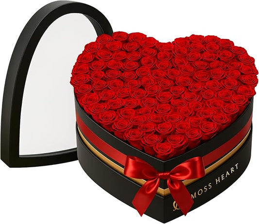 100 Preserved Roses, Forever Flowers for Delivery in Designer Heart-Shaped Box, Petite Long-Lasting Buds for Women, Eternal Rose Bouquet for Mothers Day, Girlfriend's Birthday