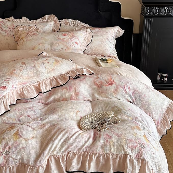 HighBuy Farmhouse Linen Cotton Duvet Cover Full Size,Pink Floral Ruffle Design Muslin Yarn-Dyed Textured Duvet Cover Set Coquette Soft Comforter Cover Ruffle,3 Pieces Cottagecore Bedding Set