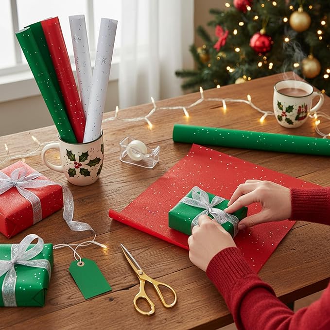 Qilery 500 Sheets Christmas Glitter Red Green White Tissue Paper Bulk 15 x 20 Inch Wrapping Paper for Gift Bags Acid Free Tissue for Christmas Craft Supplies, Bouquets, Garlands, Forming Pompoms