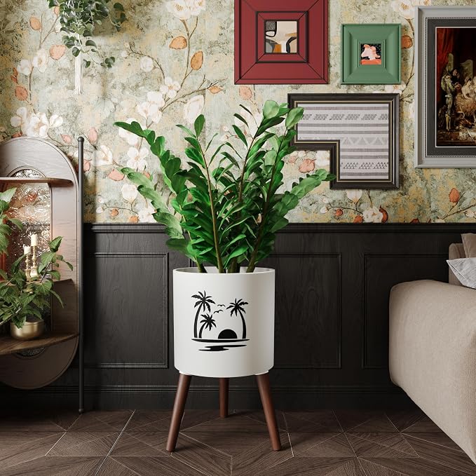 12Inch Planter Pot with Stand, Planter for Indoor Plants, Modern Large Flower Planter Pot with Drainage Holes for Outdoor White & Black Palm