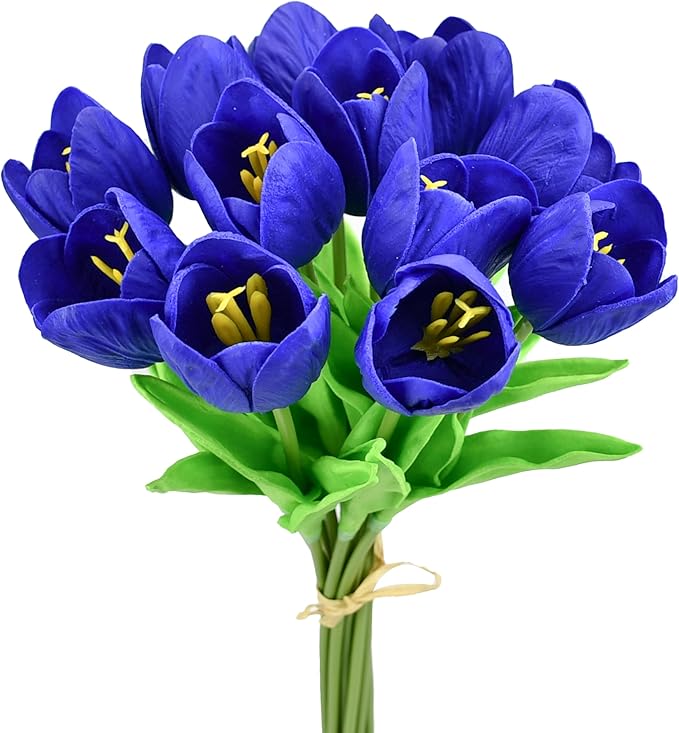 Mandy's Artificial Tulips 12 Stems Royal Blue Partially Open PU Faux Flowers for Wedding Home Decor 13.5 Inch