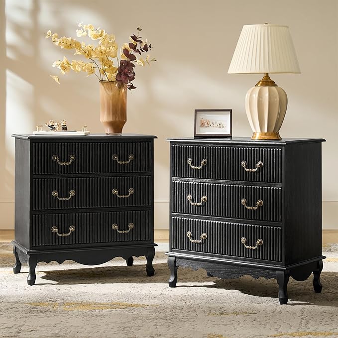 HULALA HOME Transitional Side Table Set of 2 with 3 Drawers and Charging Station, 28" Solid Paulownia Wood Sidetable with Vertical Stripe, Charcoal