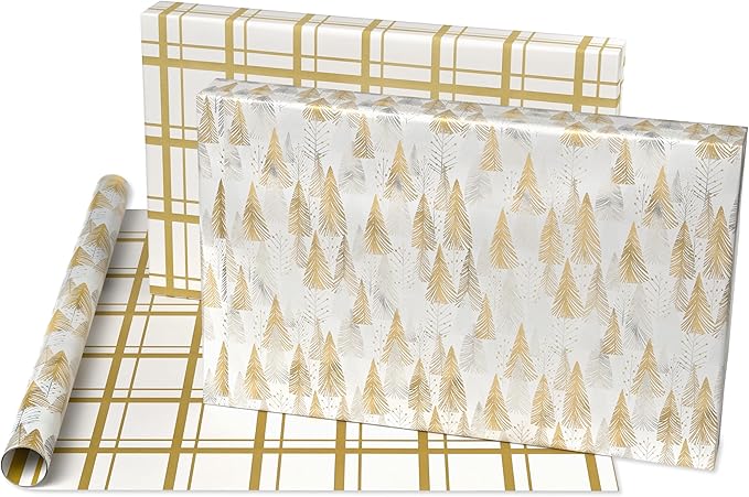 American Greetings Foil Christmas Wrapping Paper Roll, Metallic Vintage Gold and White Holiday Gift Wrap (30 sq. ft., 1 Reversible Roll-30 in. x 12 ft.) Plaid and Trees