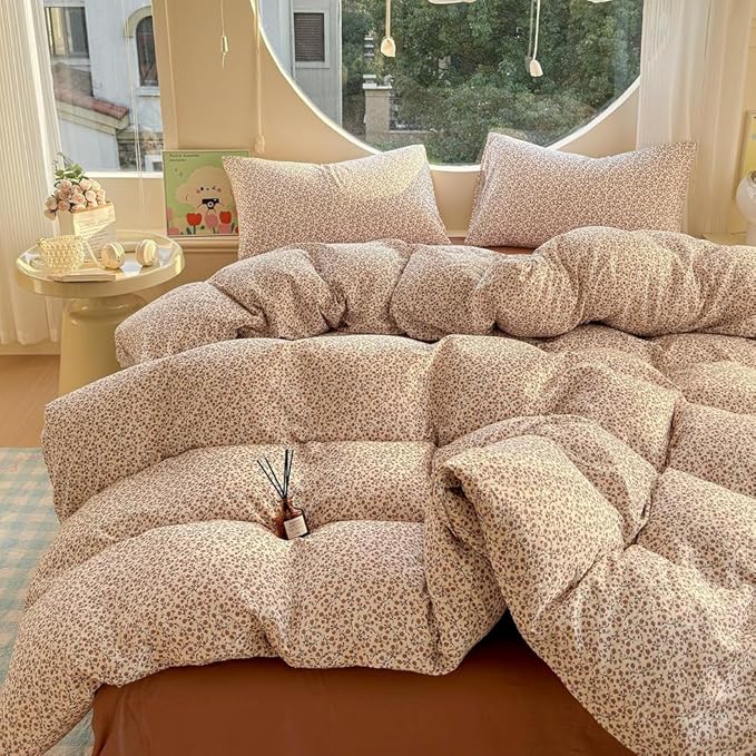 EAVD Chic Garden Small Floral Duvet Cover King Soft 100% Muslin Cotton Feel Gauze Vintage Floral Bedding Set with 2 Pillowcases Cottagecore Botanical Print Duvet Cover with Zipper Closure