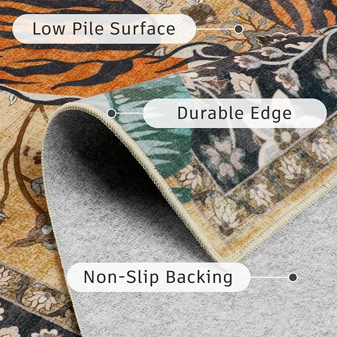 DCX Washable 3x5 Tiger Rug, Brown Vintage Animal Rug for Entryway, Soft Low Pile Carpet, Kid & Pet Friendly with Rubber Back Non Slip, Stain Resistant Rug for Bedroom, Laundry, Bathroom