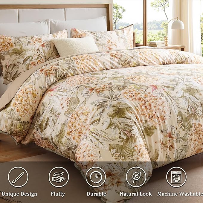 100% Cotton Duvet Cover King Size – Hydrangea Lily Floral Duvet Cover Set with Zipper Closure & Corner Ties, 3-Piece Silky Soft & Breathable Apricot Bedding Set for All Seasons