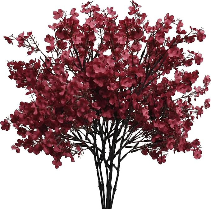 Mandy's Burgundy Artificial Baby’s Breath European Flowers 6 Bundles Silk Gypsophila with Bendable Stems for Fall Thanksgiving & Christmas Centerpiece Wedding Decor and Table Arrangements