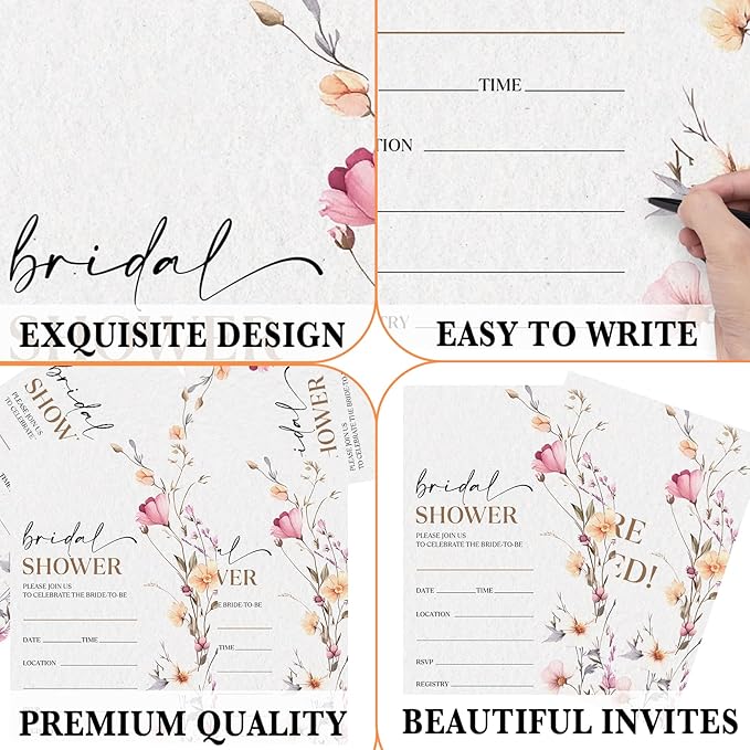 Boho Bridal Shower Invitations, Spring Floral Invites with Envelopes, 4x6 Set of 25 Invite Card for Wedding Shower, Newlyweds, Party Favor & Decorations-A03