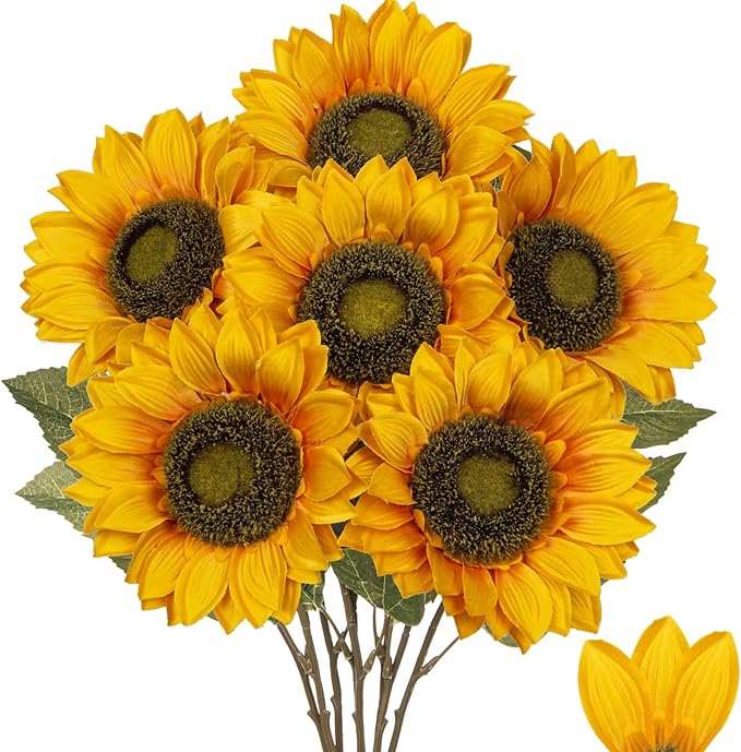 Large Silk Yellow Sunflowers Artificial Fall Flowers 26" Long Stem Artificial Sunflower 6 Pcs Tall Fake Sun Flowers Vintage Faux Sunflowers Bulk with Stem for Home Wedding Birthday Party Decor
